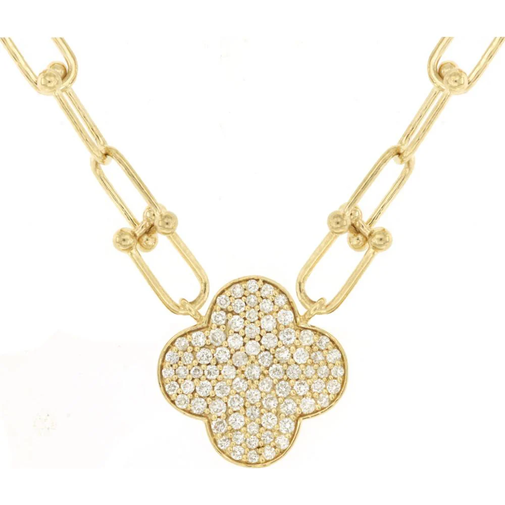 14K Yellow Gold Paperclip Link Necklace with Diamond Quatrefoil Motif Pendant - 0.50 Carat Total Diamond Weight - Royal Jewelry