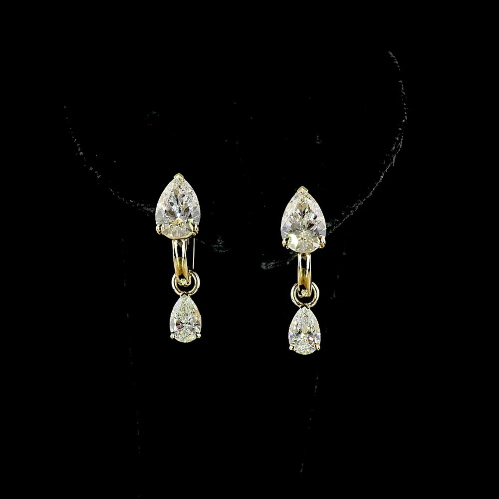 14K Yellow Gold Pear Cut Lab Diamond Drop Earrings with Dangling Diamond - 3.00 Carats Total Diamond Weight - Covaloro Fine Jewelry