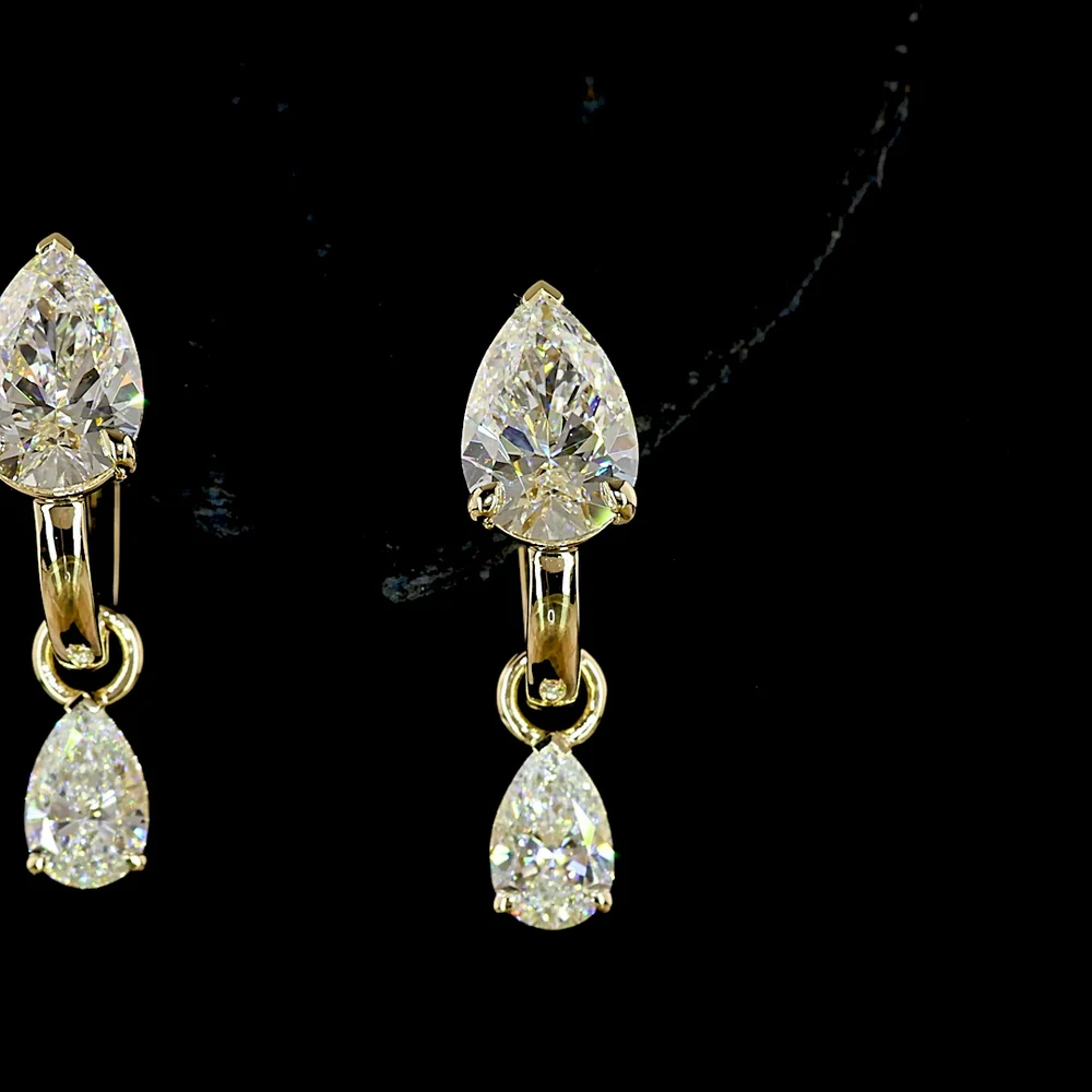 14K Yellow Gold Pear Cut Lab Diamond Drop Earrings with Dangling Diamond - 3.00 Carats Total Diamond Weight - Covaloro Fine Jewelry - Image 2