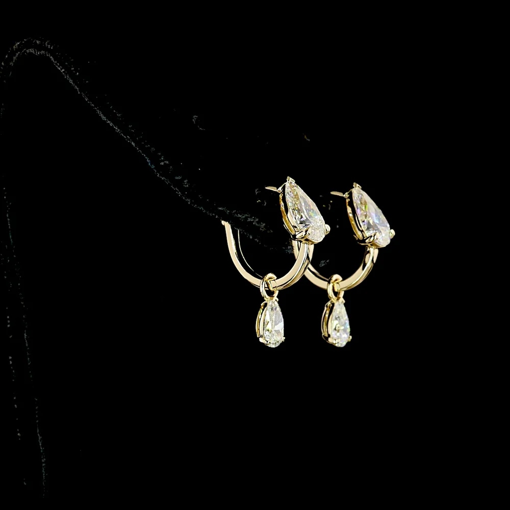 14K Yellow Gold Pear Cut Lab Diamond Drop Earrings with Dangling Diamond - 3.00 Carats Total Diamond Weight - Covaloro Fine Jewelry - Image 3