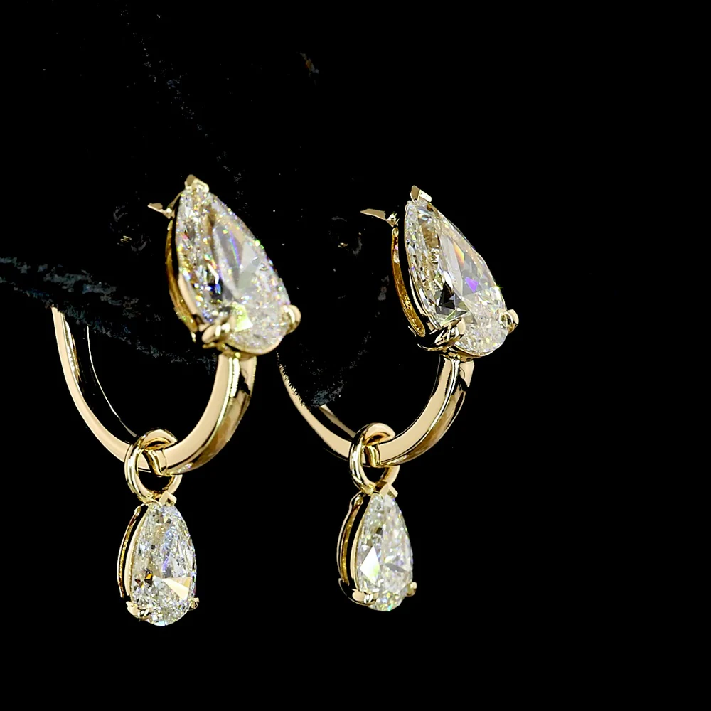 14K Yellow Gold Pear Cut Lab Diamond Drop Earrings with Dangling Diamond - 3.00 Carats Total Diamond Weight - Covaloro Fine Jewelry - Image 4