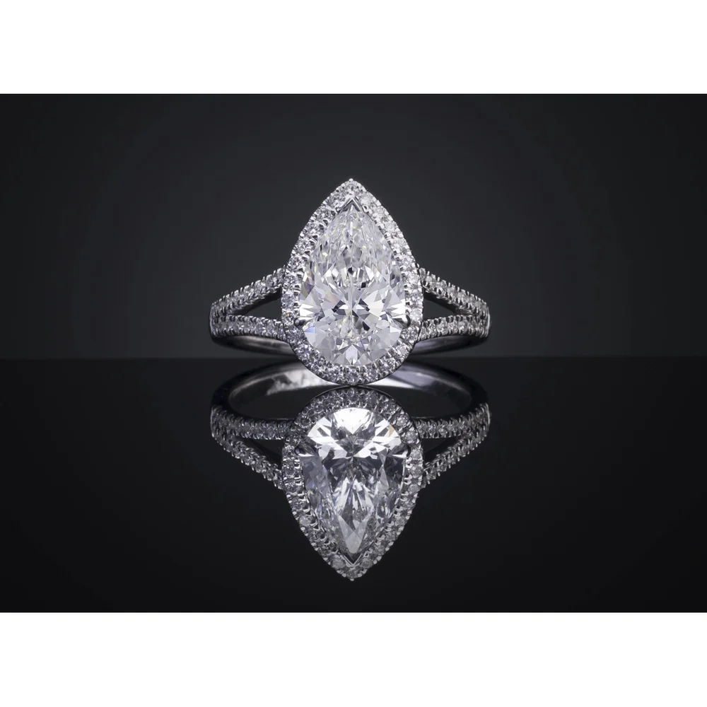 14K Yellow Gold Pear Cut Lab Diamond Split Shank Halo Ring - 3.70 Carats Total Diamond Weight with GIA Certificate - Covaloro Fine Jewelry