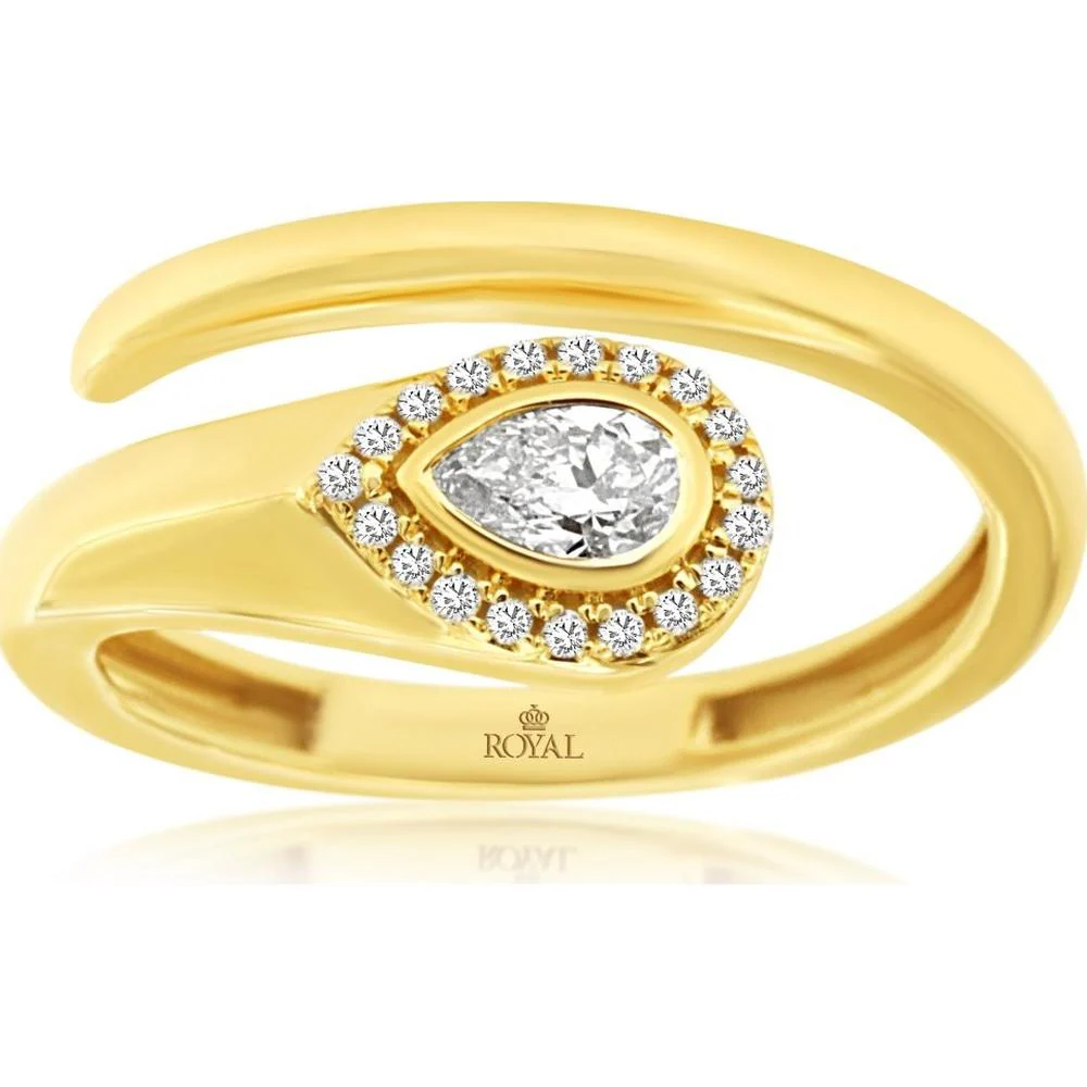 14K Yellow Gold Pear Diamond Halo Ring with Bezel Set Center - 0.27 Carat Diamond Weight - Royal Jewelry