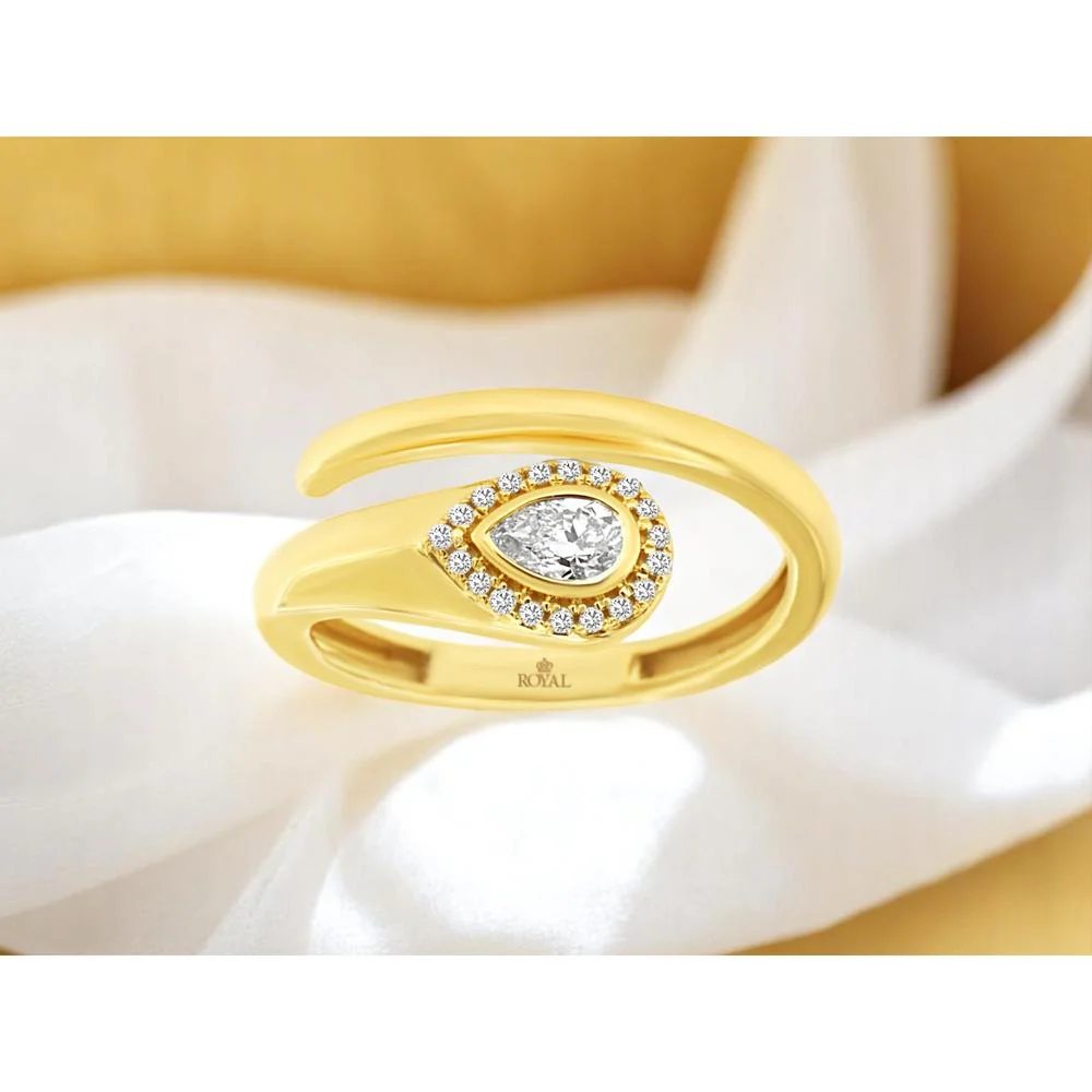14K Yellow Gold Pear Diamond Halo Ring with Bezel Set Center - 0.27 Carat Diamond Weight - Royal Jewelry - Image 2