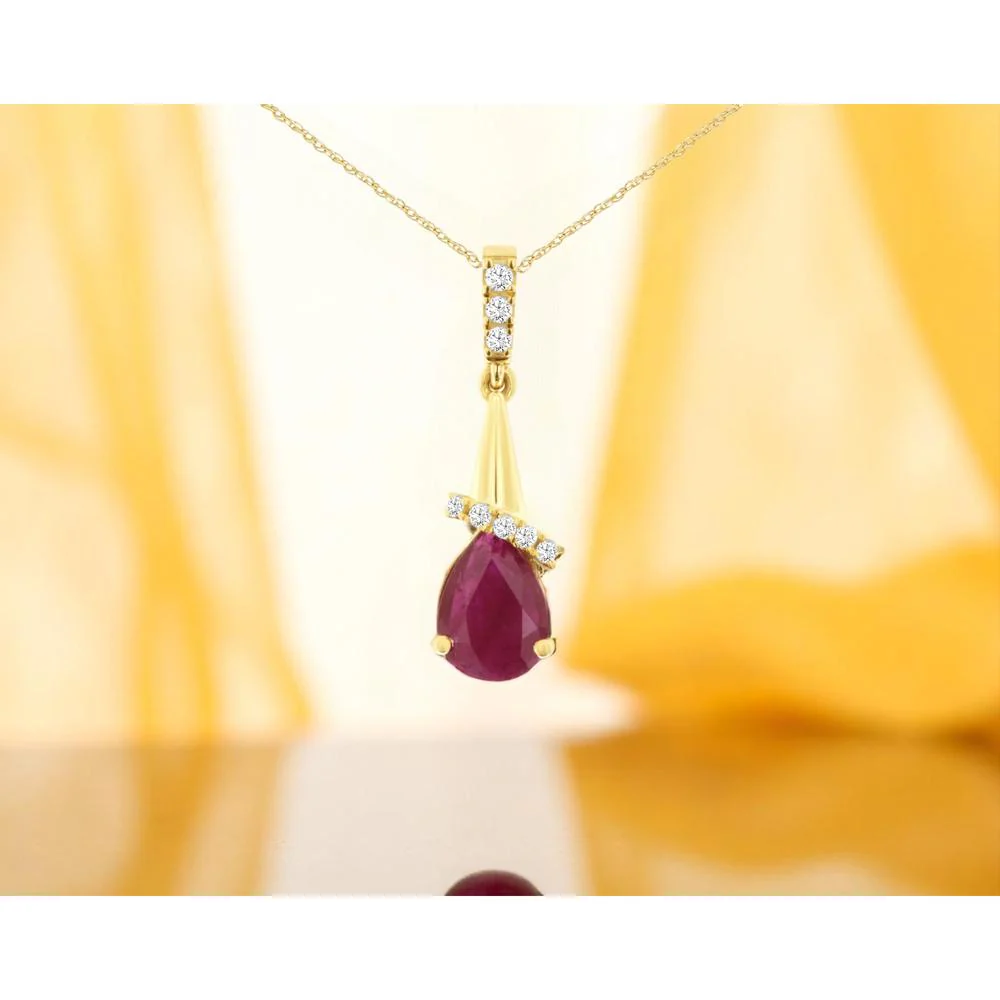 14K Yellow Gold Pear Ruby Pendant with Round Diamond Accents - 0.60 Carat Ruby and 0.05 Carat Total Diamond Weight - Royal Jewelry - Image 2