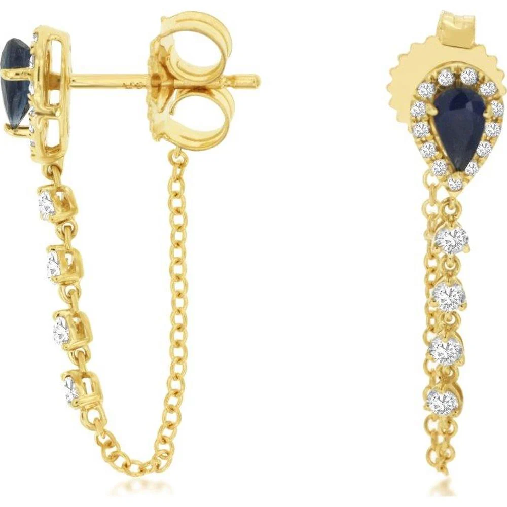 14K Yellow Gold Pear Sapphire and Diamond Halo Drop Stud Earrings - 0.56 Carat Total Sapphire Weight and 0.35 Carat Total Diamond Weight - Royal Jewelry