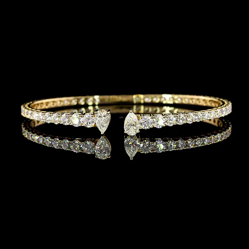 14K Yellow Gold Pear Shape Bangle Bracelet with 4.32 Carat Lab Grown Diamonds - Prong Set E-F VS Pear and Round Cuts - Covaloro Fine Jewelry - Image 2