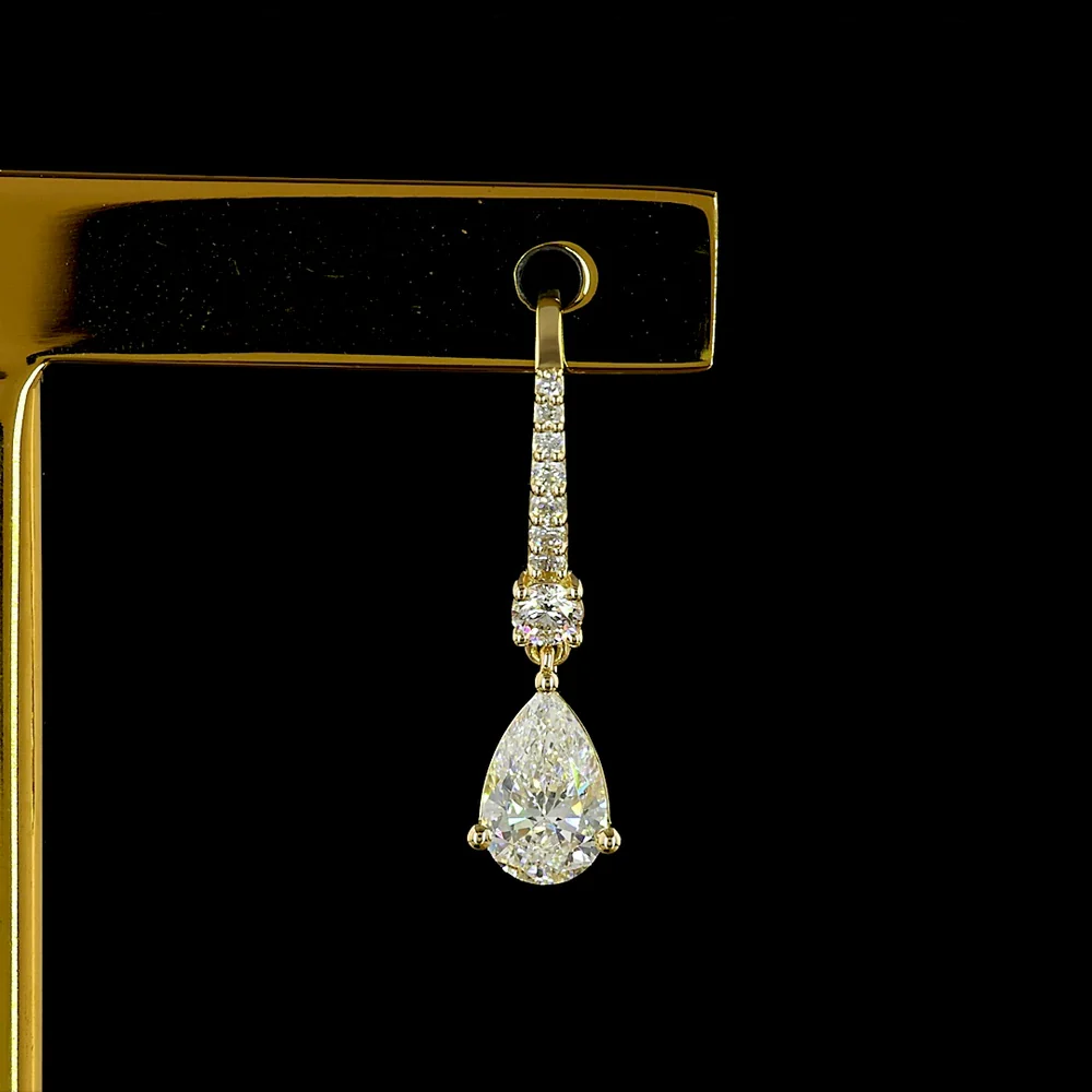 14K Yellow Gold Pear Shape Drop Earrings with 0.47 Carat Each Pear Cut Lab Diamonds and Pavé Set Brilliant Round Accents - 1.13 Carat Total Diamond Weight - Covaloro Fine Jewelry - Image 2