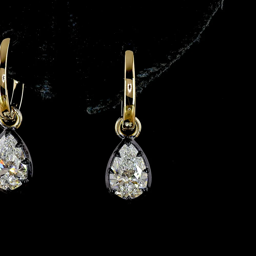 14K Yellow Gold Pear-Shape Drop Earrings with Black Rhodium Bezel and Prong Set Lab-Grown Diamonds - 1.36 Carat Total Weight - Covaloro Fine Jewelry - Image 2