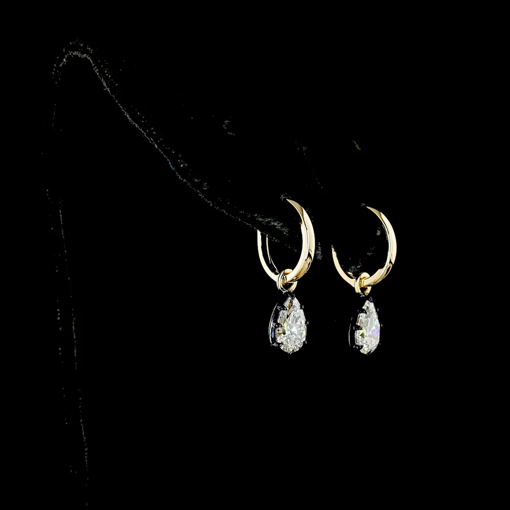 14K Yellow Gold Pear-Shape Drop Earrings with Black Rhodium Bezel and Prong Set Lab-Grown Diamonds - 1.36 Carat Total Weight - Covaloro Fine Jewelry - Image 3