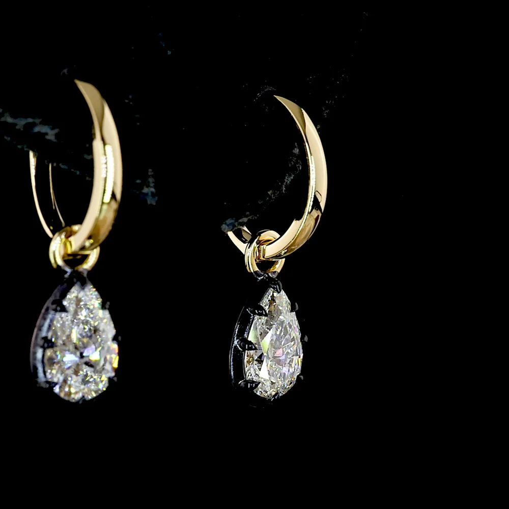 14K Yellow Gold Pear-Shape Drop Earrings with Black Rhodium Bezel and Prong Set Lab-Grown Diamonds - 1.36 Carat Total Weight - Covaloro Fine Jewelry - Image 4