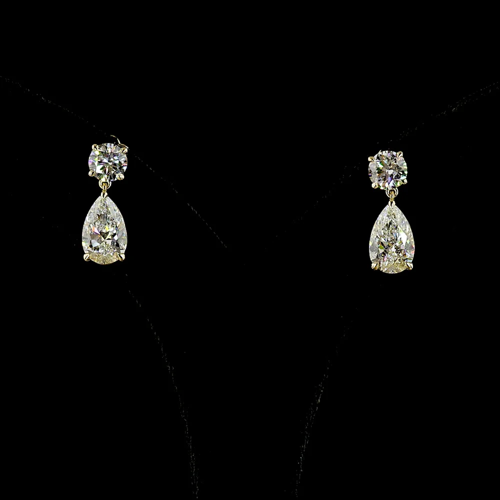 14K Yellow Gold Pear Shape Drop Earrings with Round and Pear Lab Diamonds - 4.91 Carats Total Diamond Weight - Covaloro Fine Jewelry