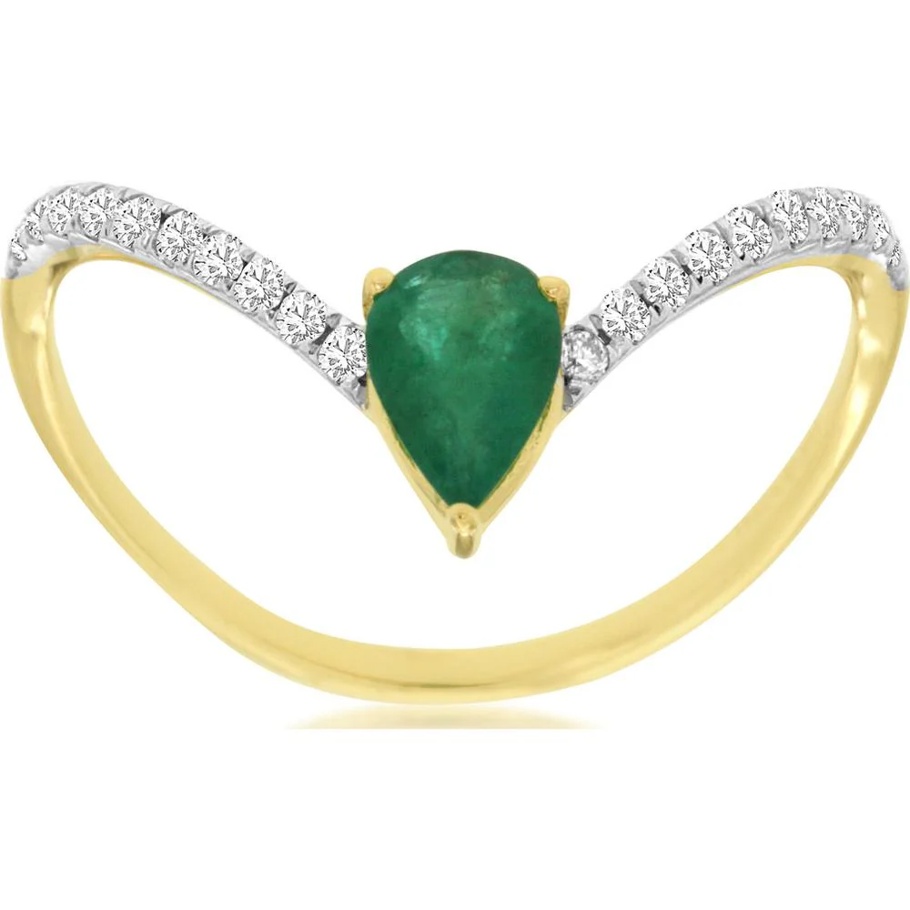 14K Yellow Gold Pear Shape Emerald and Diamond Accent Ring - 0.38 Carat Emerald and 0.14 Carat Total Diamond Weight - Royal Jewelry