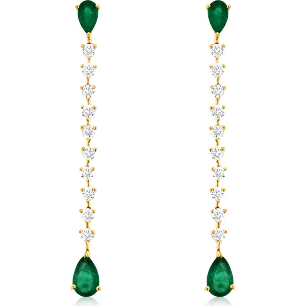 14K Yellow Gold Pear Shape Emerald and Diamond Drop Earrings - 1.18 Carat Total Emerald Weight and 0.60 Carat Total Diamond Weight - Royal Jewelry