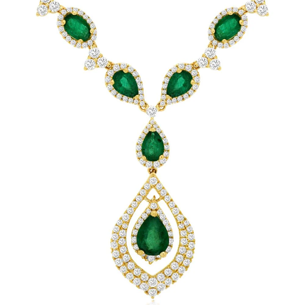 14K Yellow Gold Pear Shape Emerald and Diamond Drop Necklace - 8.40 Carat Total Emerald Weight and 4 Carat Total Diamond Weight - Royal Jewelry