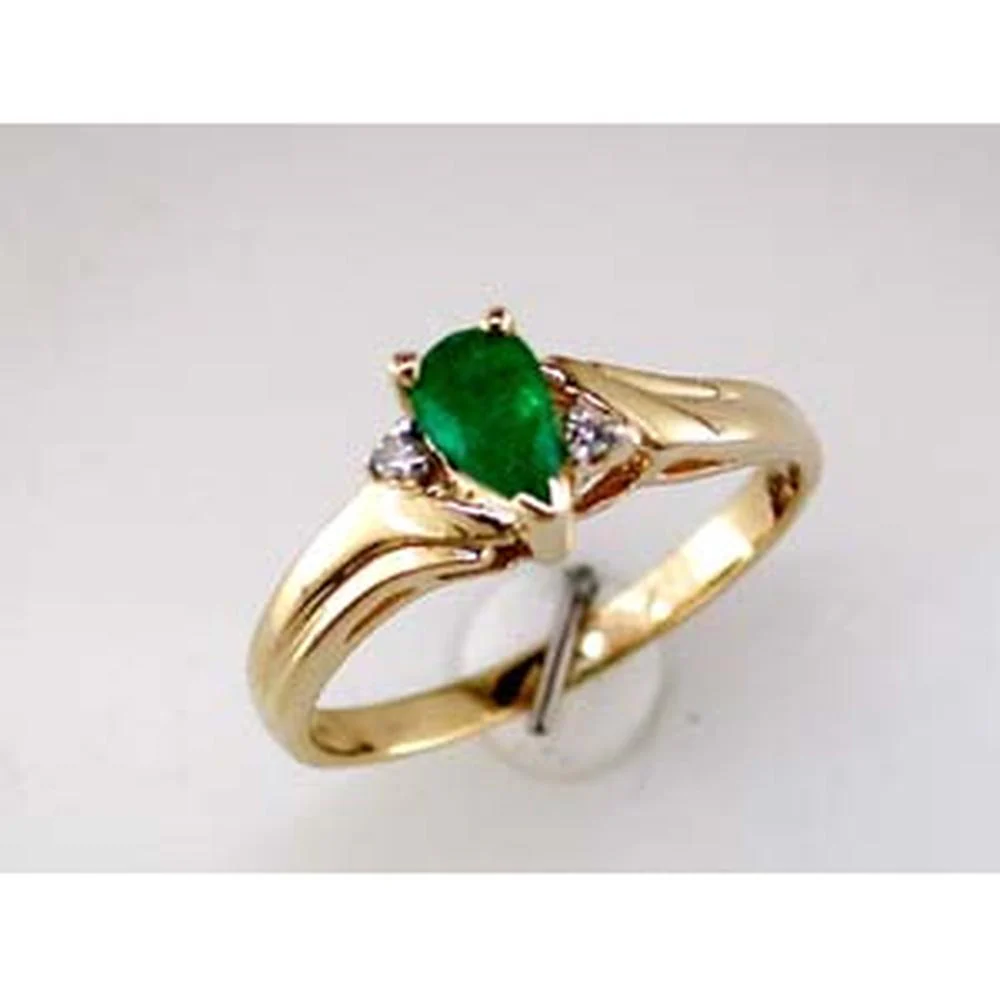 14K Yellow Gold Pear Shape Emerald Ring with Round Diamond Accents - 0.03 Carat Total Diamond Weight - Royal Jewelry
