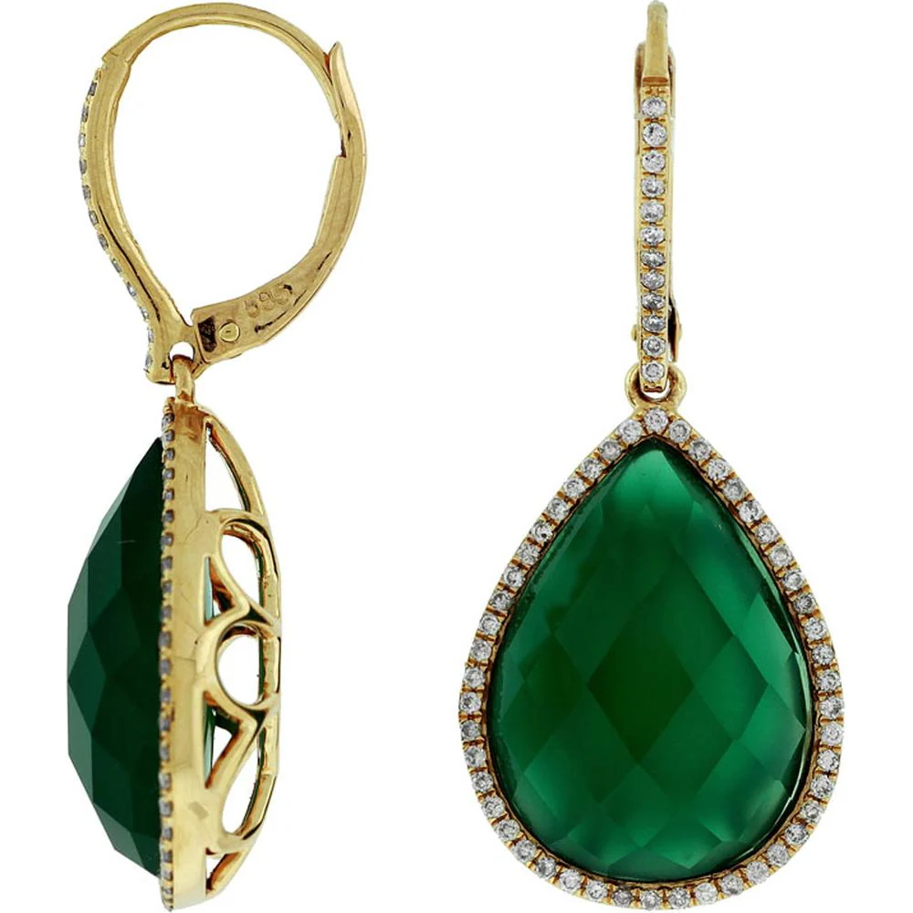 14K Yellow Gold Pear Shape Green Agate Drop Earrings with Diamond Halo and Leverback Closures - 0.35 Carat Total Diamond Weight - Royal Jewelry