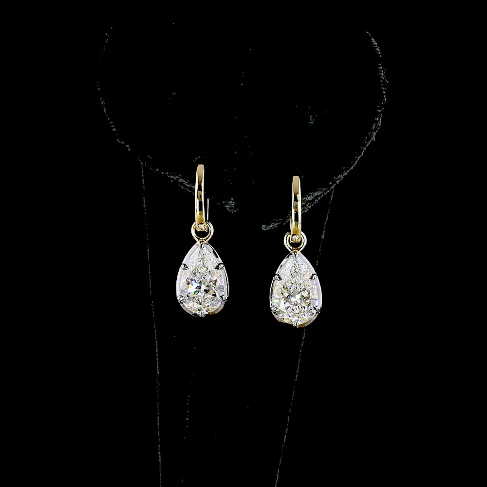 14K Yellow Gold Pear-Shape Hanging Drop Earrings with 4.03 Carat Total Weight Lab-Grown E-F VS1 Diamonds (2.03 Carats and 2.00 Carats Stones) - Covaloro Fine Jewelry