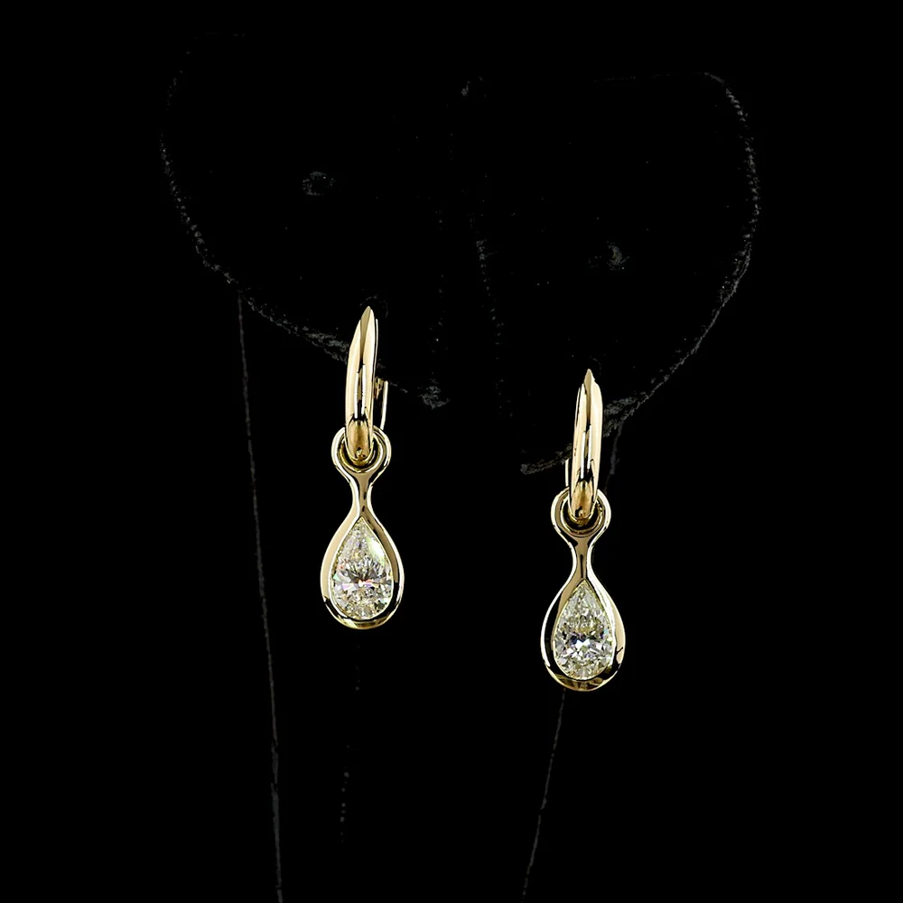 14K Yellow Gold Pear Shape Hanging Earrings with Bezel Set Lab Diamonds - 1.56 Carat Total Diamond Weight, E-F Color VS Clarity - Covaloro Fine Jewelry
