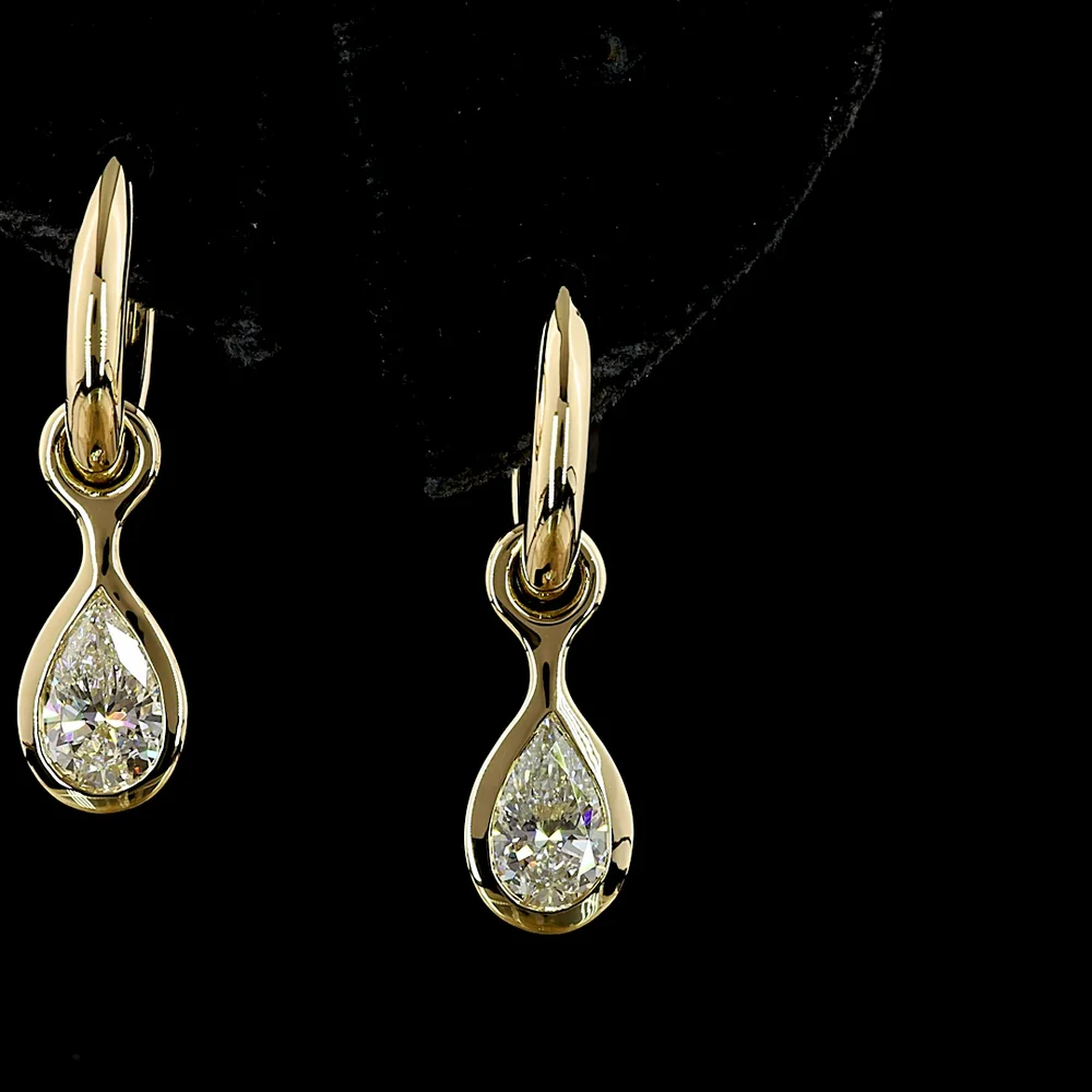 14K Yellow Gold Pear Shape Hanging Earrings with Bezel Set Lab Diamonds - 1.56 Carat Total Diamond Weight, E-F Color VS Clarity - Covaloro Fine Jewelry - Image 2