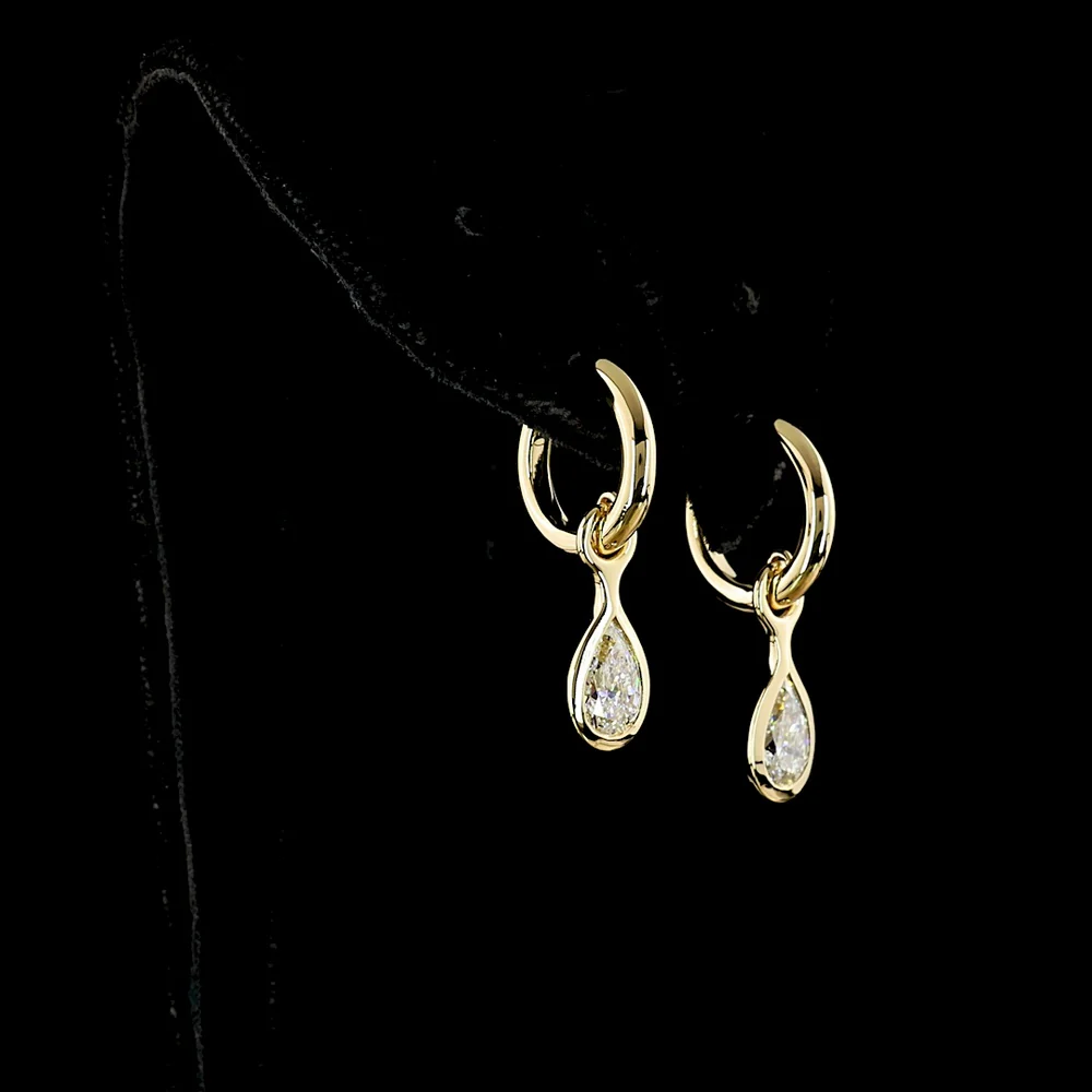 14K Yellow Gold Pear Shape Hanging Earrings with Bezel Set Lab Diamonds - 1.56 Carat Total Diamond Weight, E-F Color VS Clarity - Covaloro Fine Jewelry - Image 3