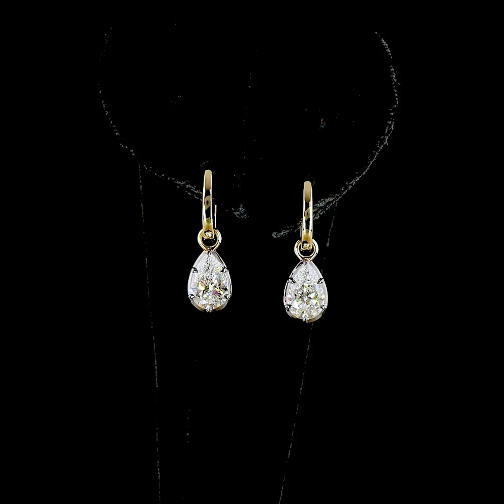 14K Yellow Gold Pear Shape Hanging Earrings with Lab-Grown D VS1 and E VS1 Diamonds - 2.04 Carats Total Diamond Weight - Covaloro Fine Jewelry