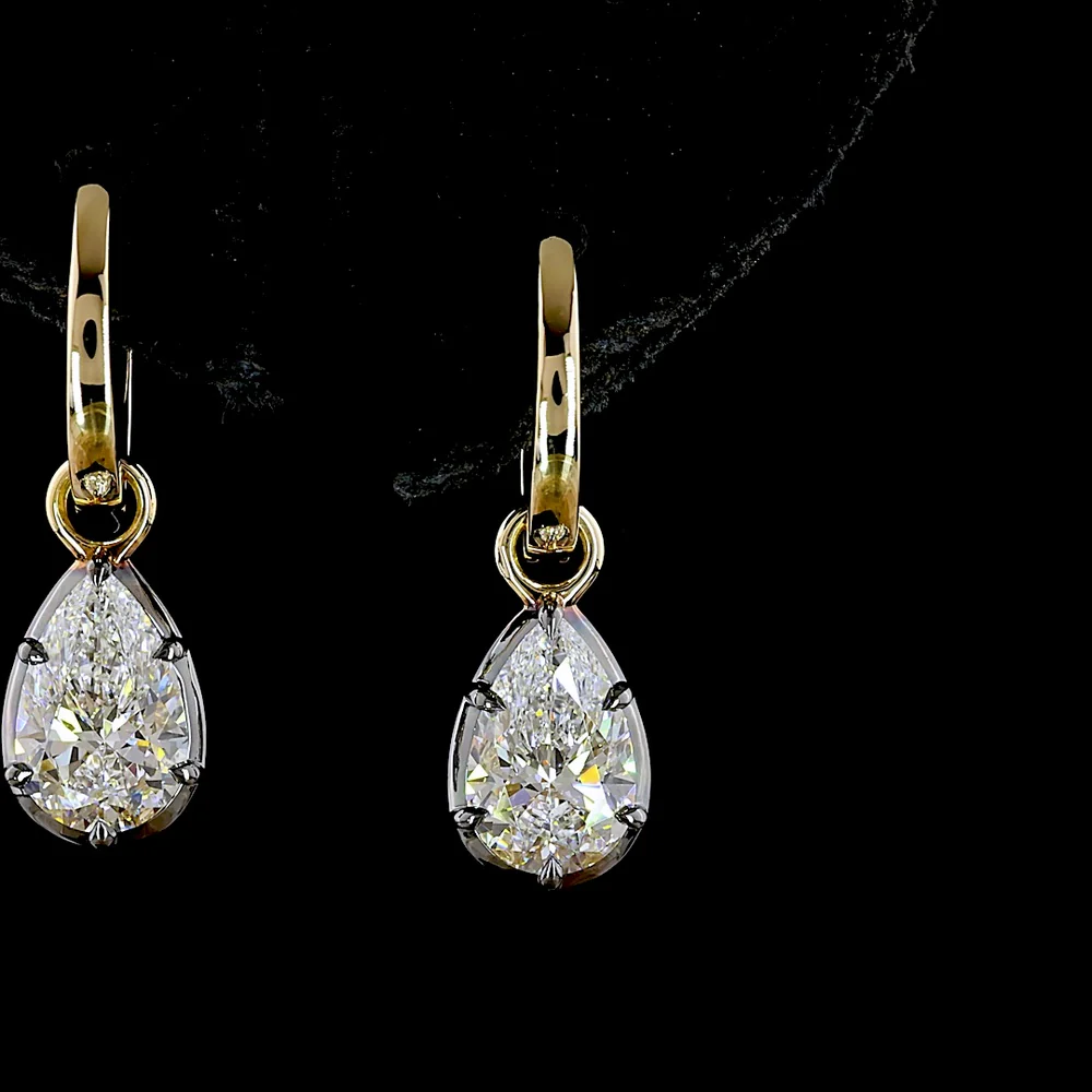 14K Yellow Gold Pear Shape Hanging Earrings with Lab-Grown D VS1 and E VS1 Diamonds - 2.04 Carats Total Diamond Weight - Covaloro Fine Jewelry - Image 2