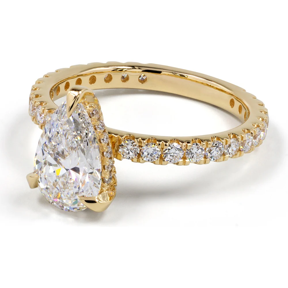 14K Yellow Gold Pear Shape Hidden Halo Ring with 2.00 Carat E VVS2 Lab Diamond Center and 0.77 Carat Brilliant Cut Diamonds - 2.77 Carat Total Diamond Weight - Covaloro Fine Jewelry - Image 3