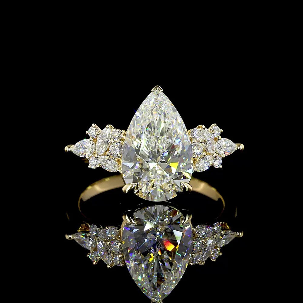 14K Yellow Gold Pear Shape Lab Diamond Ring with Mixed Shape Accents - 3.36 Carat Total Diamond Weight, E VVS2 Center Stone - Covaloro Fine Jewelry