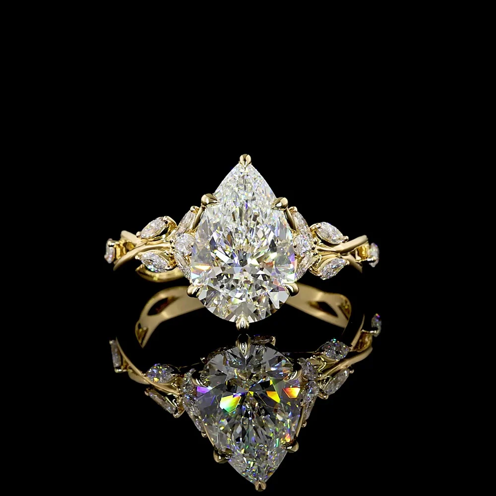 14K Yellow Gold Pear Shape Lab Diamond Ring with Vine Motif and Marquise Accents - 3.32 Carats Total Diamond Weight, Center 2.74 Carats F VS1 - Covaloro Fine Jewelry