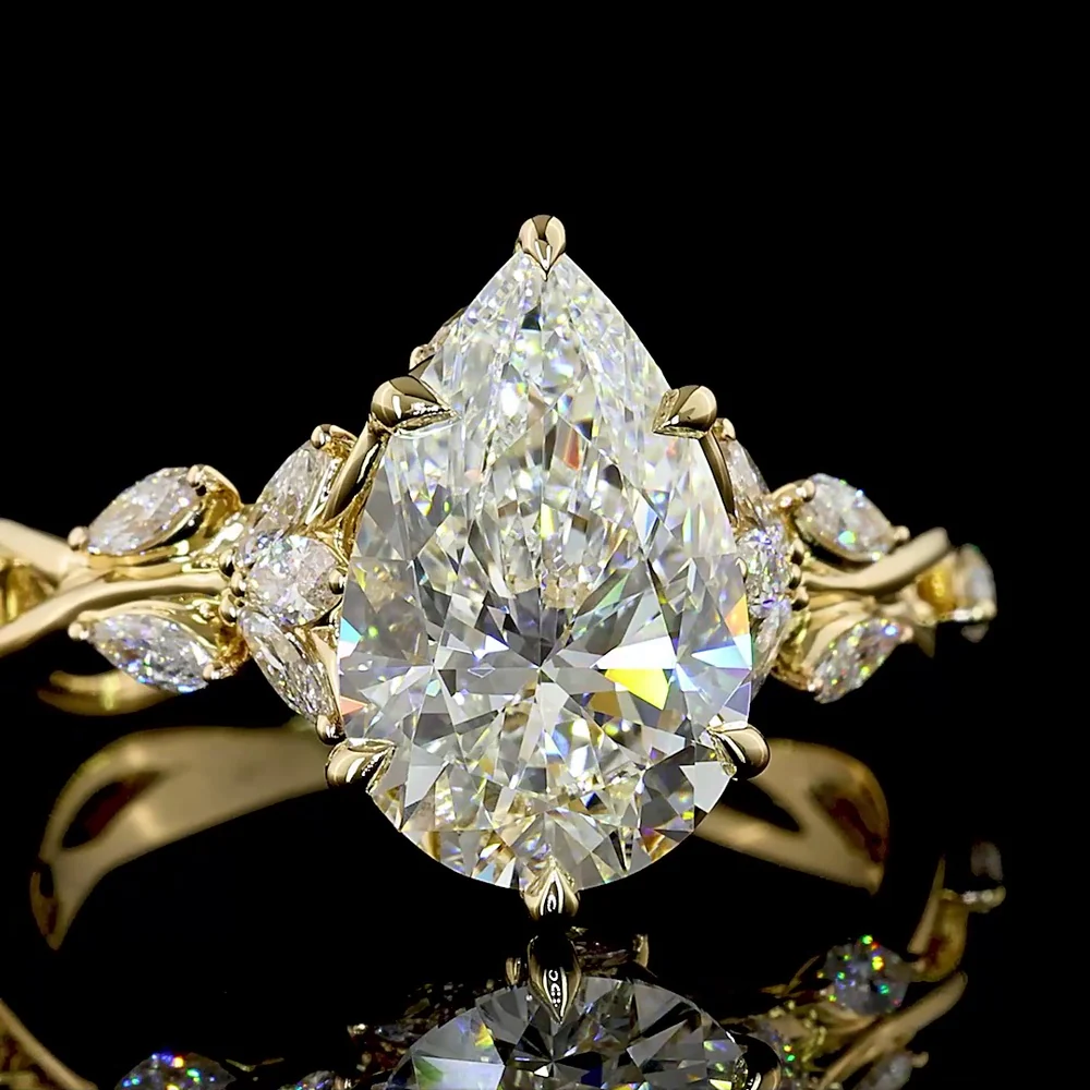 14K Yellow Gold Pear Shape Lab Diamond Ring with Vine Motif and Marquise Accents - 3.32 Carats Total Diamond Weight, Center 2.74 Carats F VS1 - Covaloro Fine Jewelry - Image 2