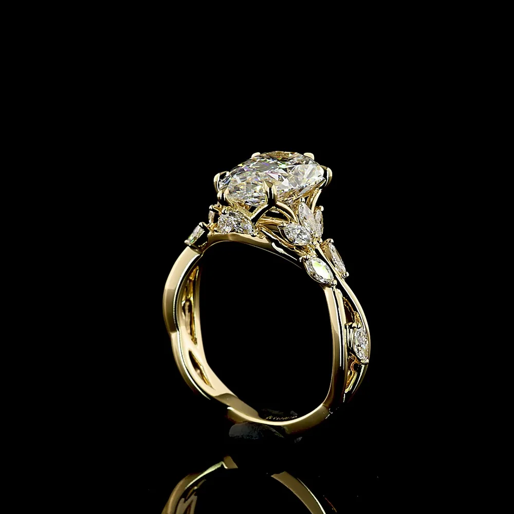 14K Yellow Gold Pear Shape Lab Diamond Ring with Vine Motif and Marquise Accents - 3.32 Carats Total Diamond Weight, Center 2.74 Carats F VS1 - Covaloro Fine Jewelry - Image 3