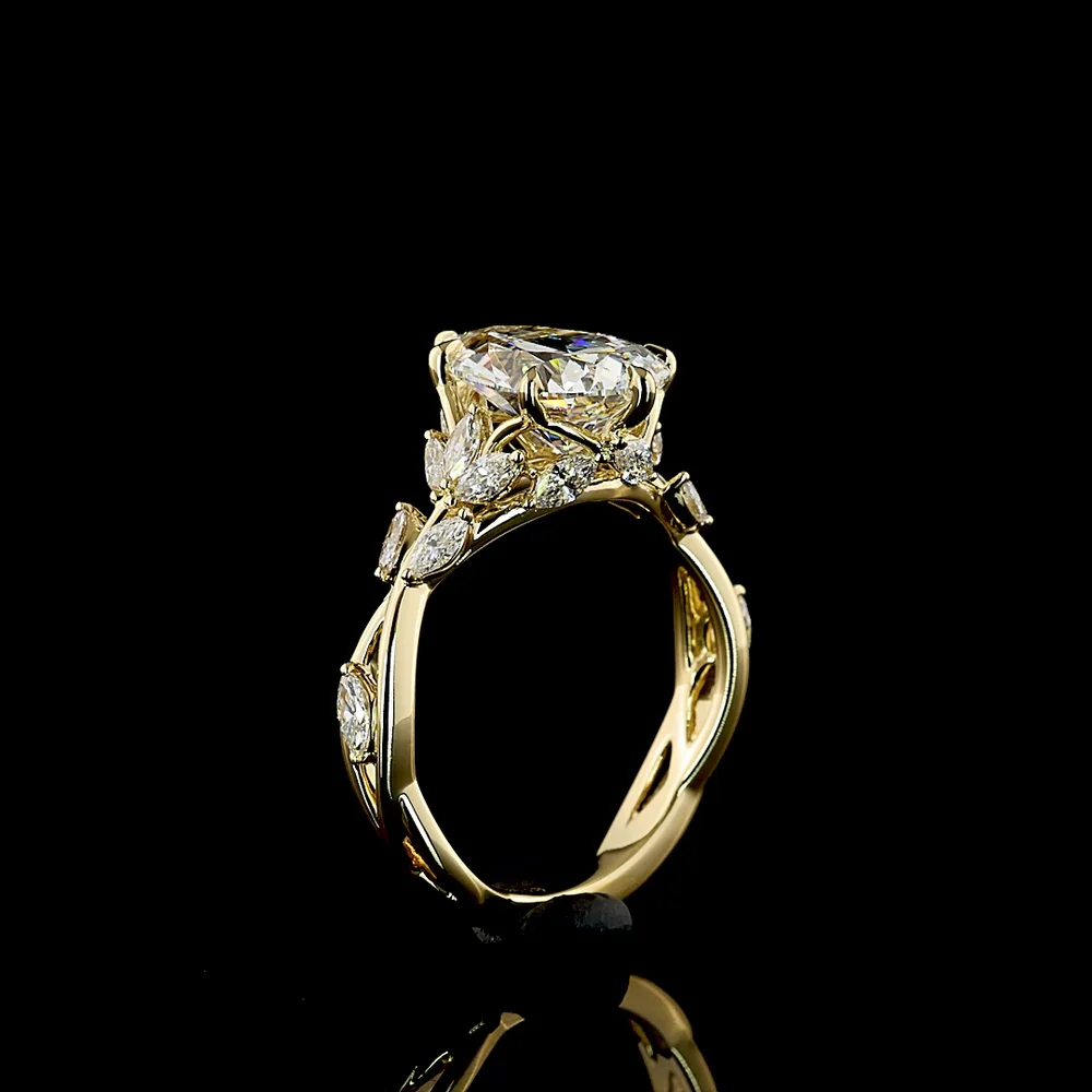 14K Yellow Gold Pear Shape Lab Diamond Ring with Vine Motif and Marquise Accents - 3.32 Carats Total Diamond Weight, Center 2.74 Carats F VS1 - Covaloro Fine Jewelry - Image 4