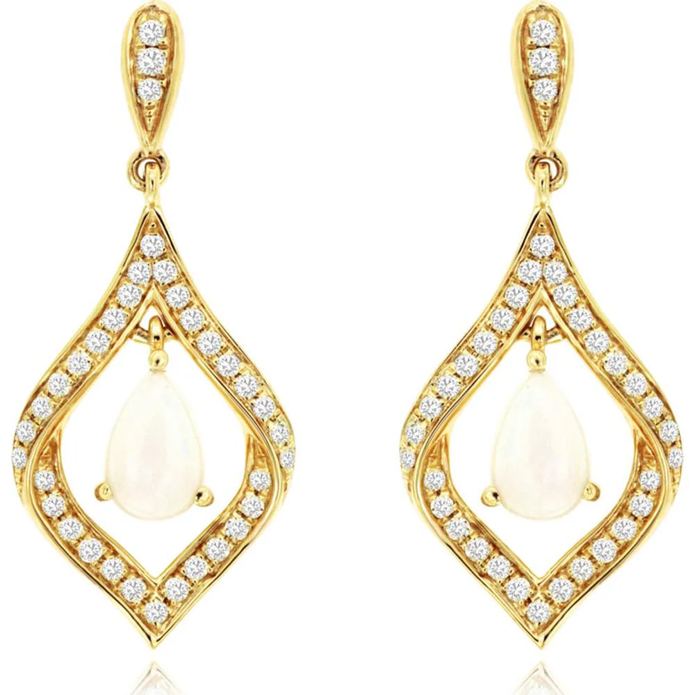 14K Yellow Gold Pear Shape Opal and Diamond Drop Earrings - 0.50 Carat Total Opal Weight, 0.29 Carat Total Diamond Weight - Royal Jewelry