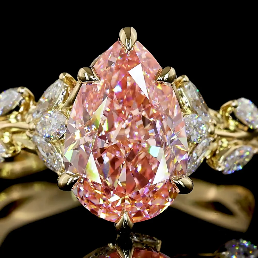 14K Yellow Gold Pear Shape Ring with 2.54 Carat Fancy Vivid Pink Lab Diamond and Marquise Cut White Diamond Accents - 3.12 Total Carat Weight - Covaloro Fine Jewelry - Image 2