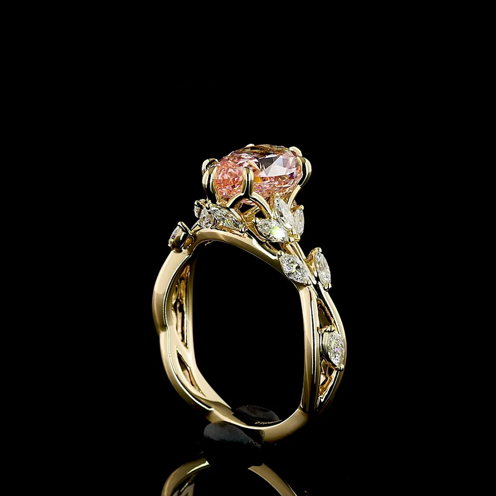 14K Yellow Gold Pear Shape Ring with 2.54 Carat Fancy Vivid Pink Lab Diamond and Marquise Cut White Diamond Accents - 3.12 Total Carat Weight - Covaloro Fine Jewelry - Image 3