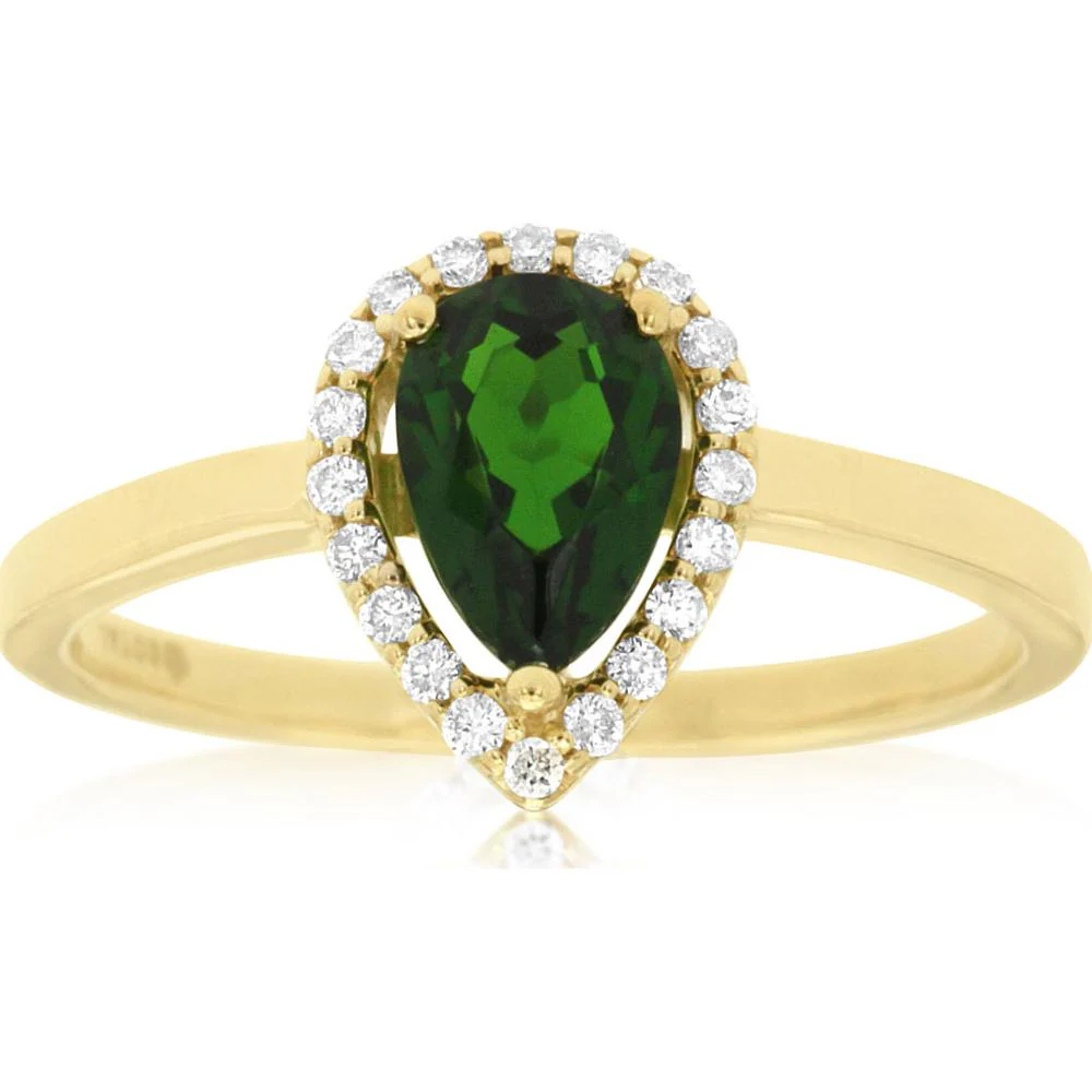 14K Yellow Gold Pear Shape Russalite and Diamond Halo Ring with 0.80 Carat Russalite and 0.12 Carat Total Diamond Weight - Royal Jewelry