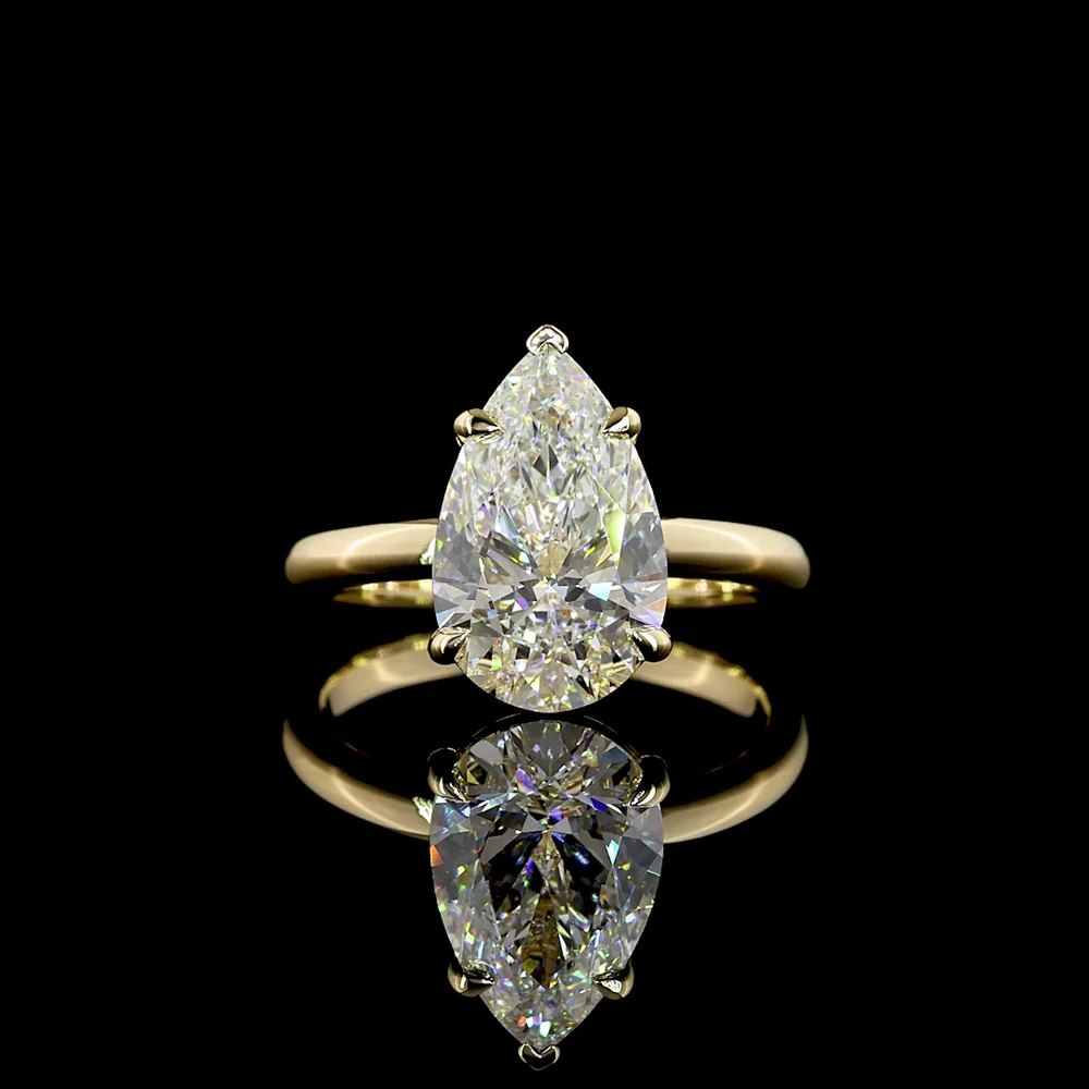 14K Yellow Gold Pear Shape Solitaire Ring with Lab Grown E VVS2 Diamond - 3.70 Carat Total Weight - Covaloro Fine Jewelry