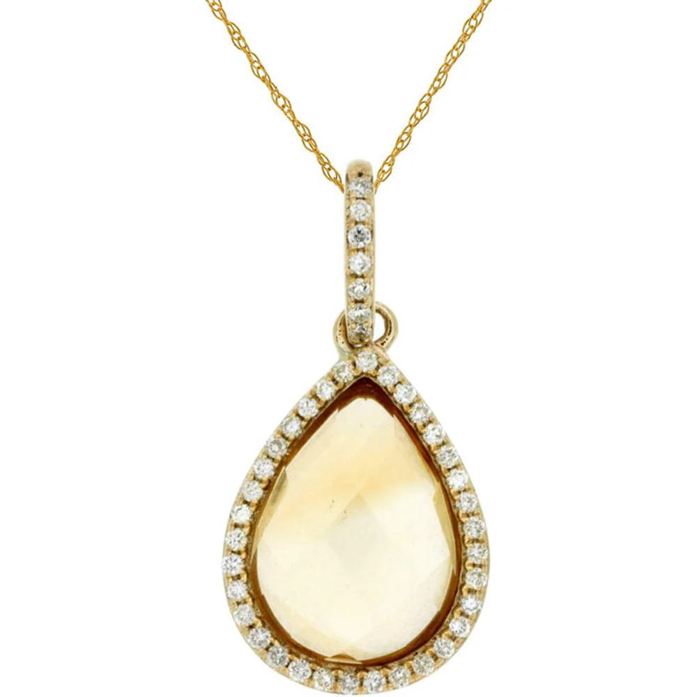 14K Yellow Gold Pear-Shaped Citrine Pendant with Diamond Halo - 2.15 Carat Citrine, 0.13 Carat Diamond Total Weight - Royal Jewelry