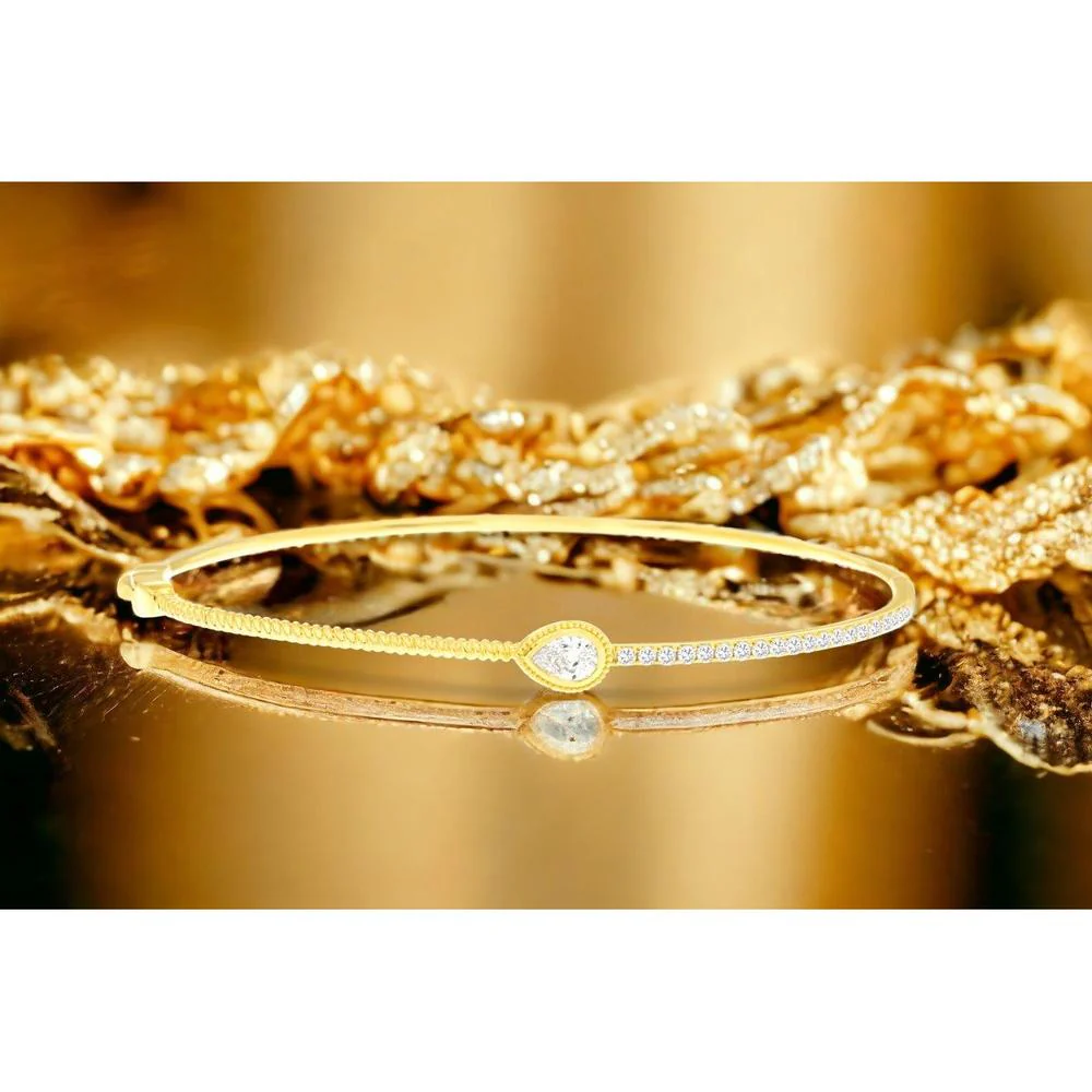 14K Yellow Gold Pear-Shaped Diamond Bangle with Milgrain Detail and Round Diamond Tennis Accents - 0.55 Carat Total Diamond Weight - Royal Jewelry - Image 2