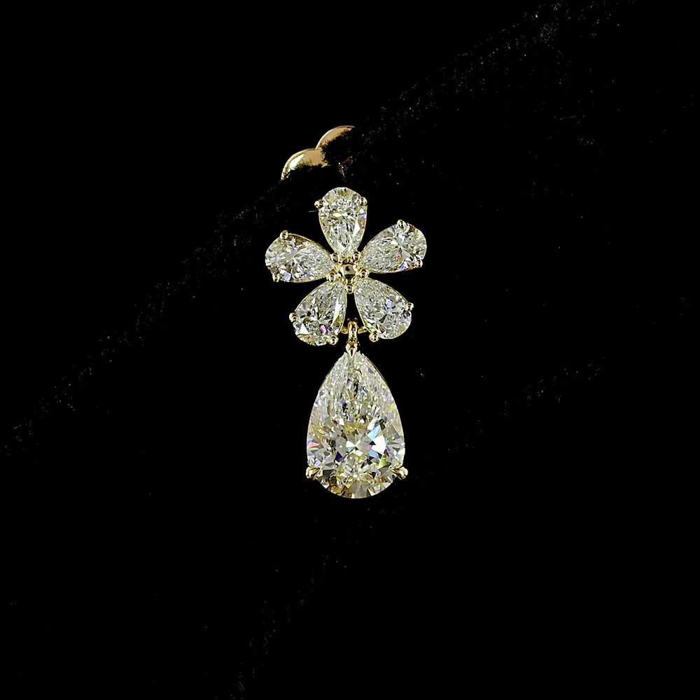 14K Yellow Gold Pear-Shaped Diamond Hanging Earrings with Floral Motif and Teardrop Drop Stone - 1.91 Carat Total Diamond Weight (Lab Diamonds) - Covaloro Fine Jewelry