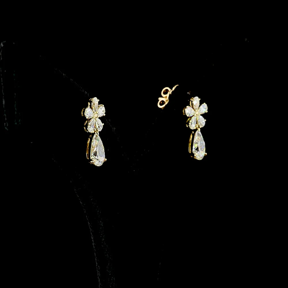14K Yellow Gold Pear-Shaped Diamond Hanging Earrings with Floral Motif and Teardrop Drop Stone - 1.91 Carat Total Diamond Weight (Lab Diamonds) - Covaloro Fine Jewelry - Image 2