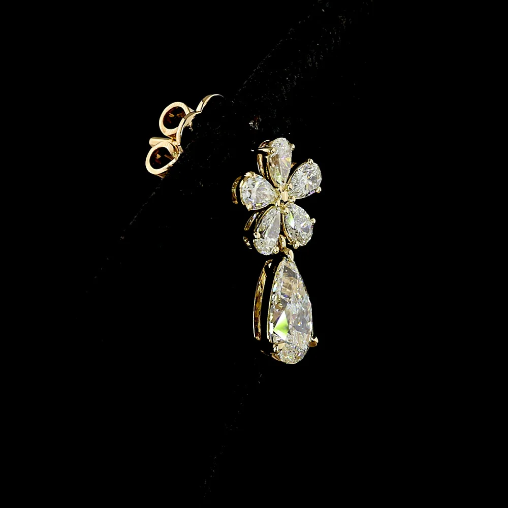 14K Yellow Gold Pear-Shaped Diamond Hanging Earrings with Floral Motif and Teardrop Drop Stone - 1.91 Carat Total Diamond Weight (Lab Diamonds) - Covaloro Fine Jewelry - Image 3