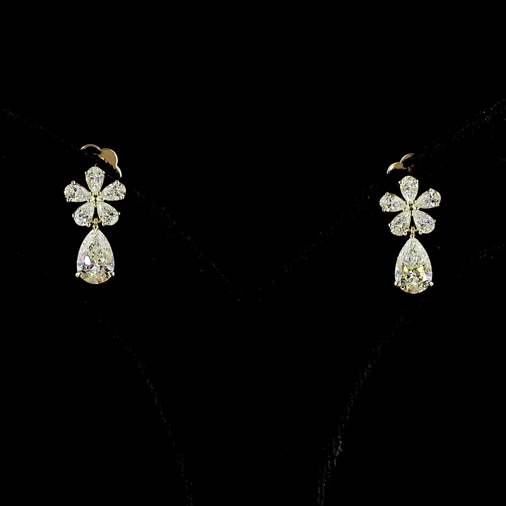 14K Yellow Gold Pear-Shaped Diamond Hanging Earrings with Floral Motif and Teardrop Drop Stone - 1.91 Carat Total Diamond Weight (Lab Diamonds) - Covaloro Fine Jewelry - Image 4