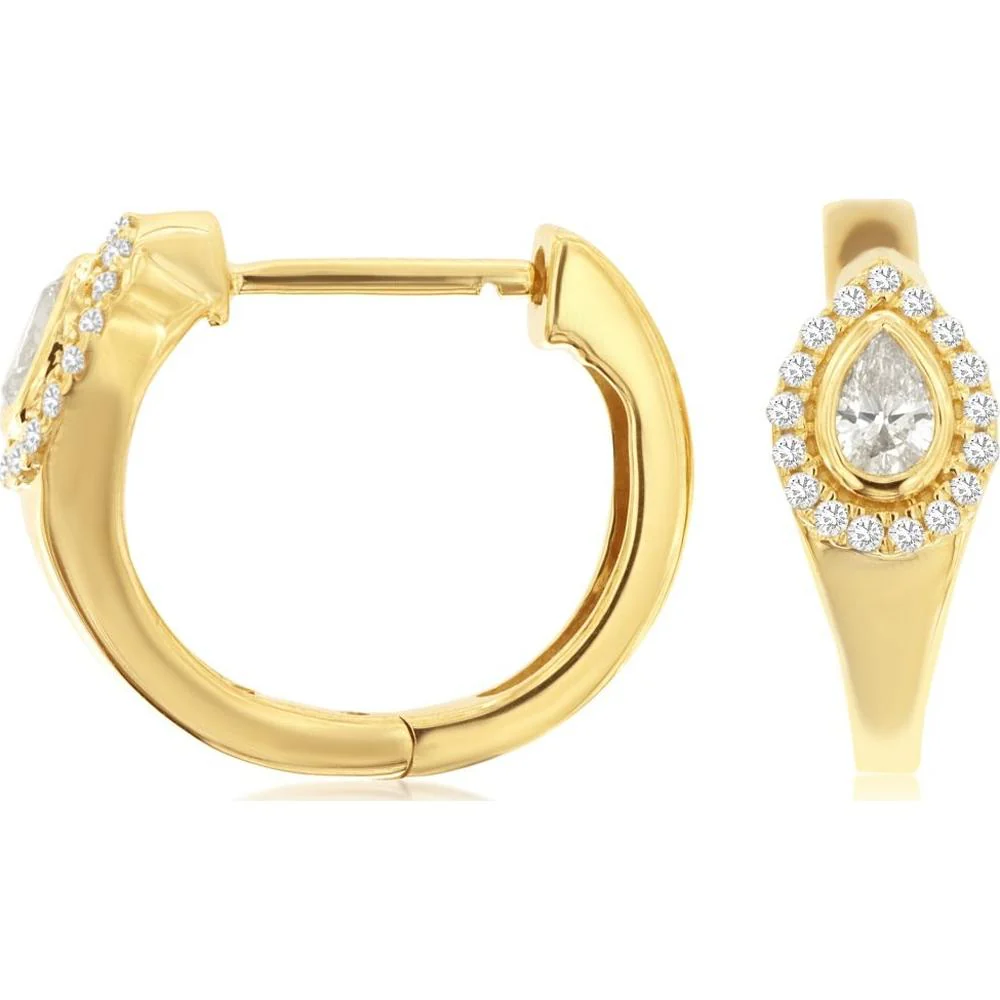 14K Yellow Gold Pear-Shaped Diamond Huggie Earrings with Pave Halo and Milgrain Detail - 0.33 Carat Total Diamond Weight - Royal Jewelry