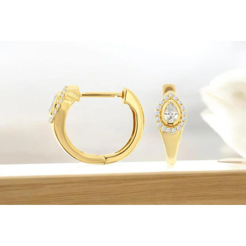 14K Yellow Gold Pear-Shaped Diamond Huggie Earrings with Pave Halo and Milgrain Detail - 0.33 Carat Total Diamond Weight - Royal Jewelry - Image 2