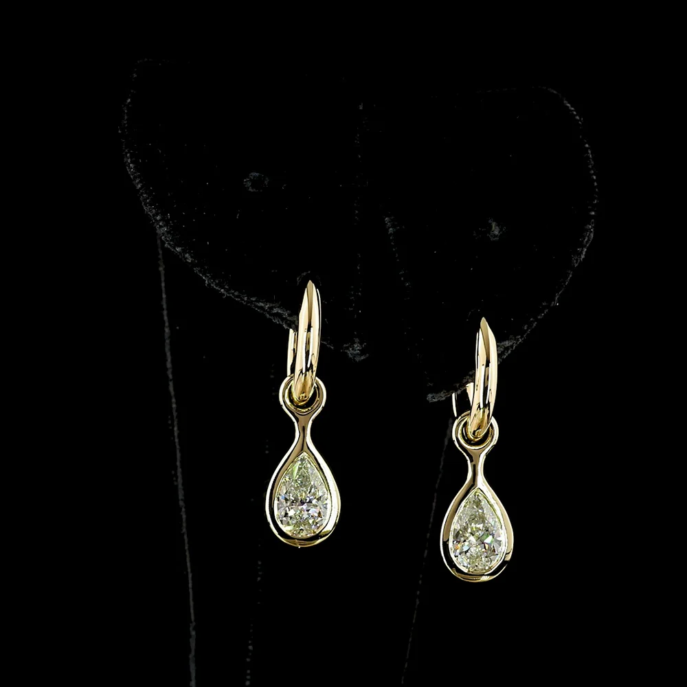 14K Yellow Gold Pear Shaped Drop Earrings with Bezel Set Lab Diamonds - 2.01 Carat Total Weight (E-F Color, VS1 Clarity) - Covaloro Fine Jewelry