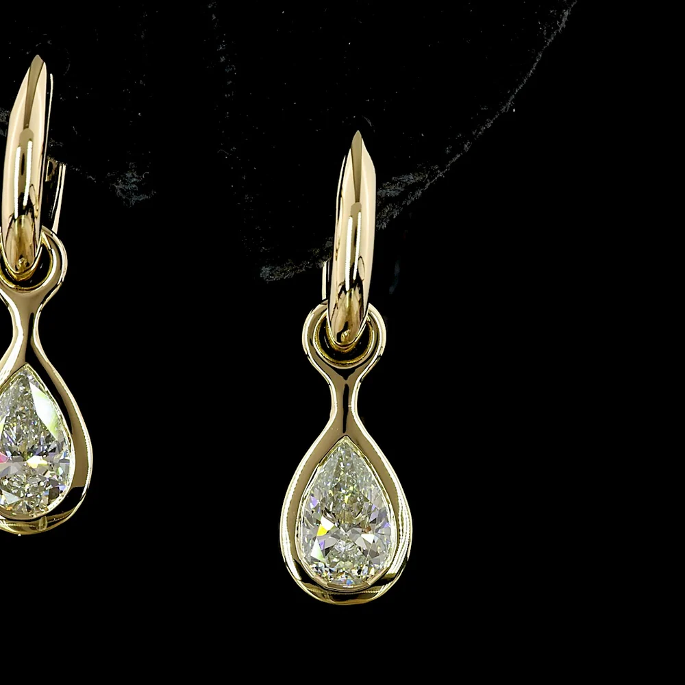 14K Yellow Gold Pear Shaped Drop Earrings with Bezel Set Lab Diamonds - 2.01 Carat Total Weight (E-F Color, VS1 Clarity) - Covaloro Fine Jewelry - Image 2