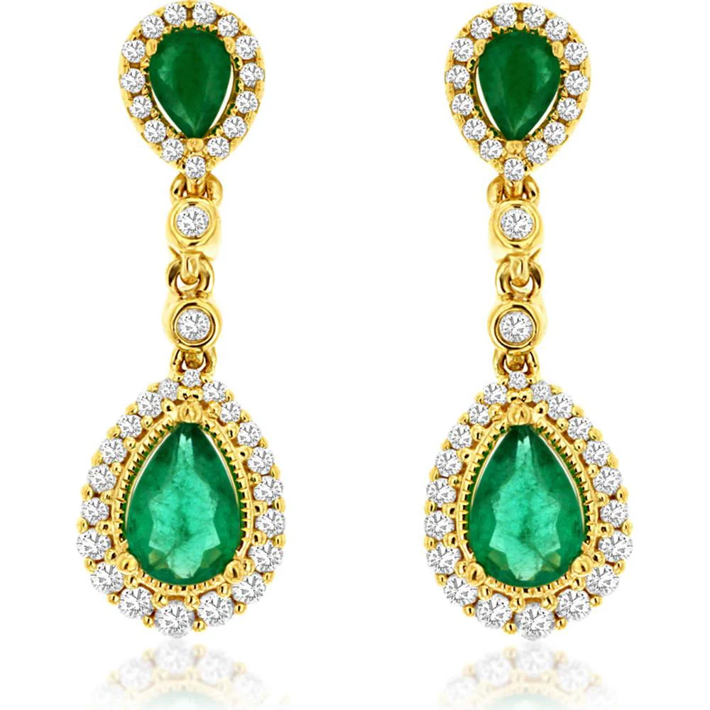 14K Yellow Gold Pear-Shaped Emerald and Diamond Halo Drop Earrings - 1.37 Carat Total Gemstone Weight - Royal Jewelry