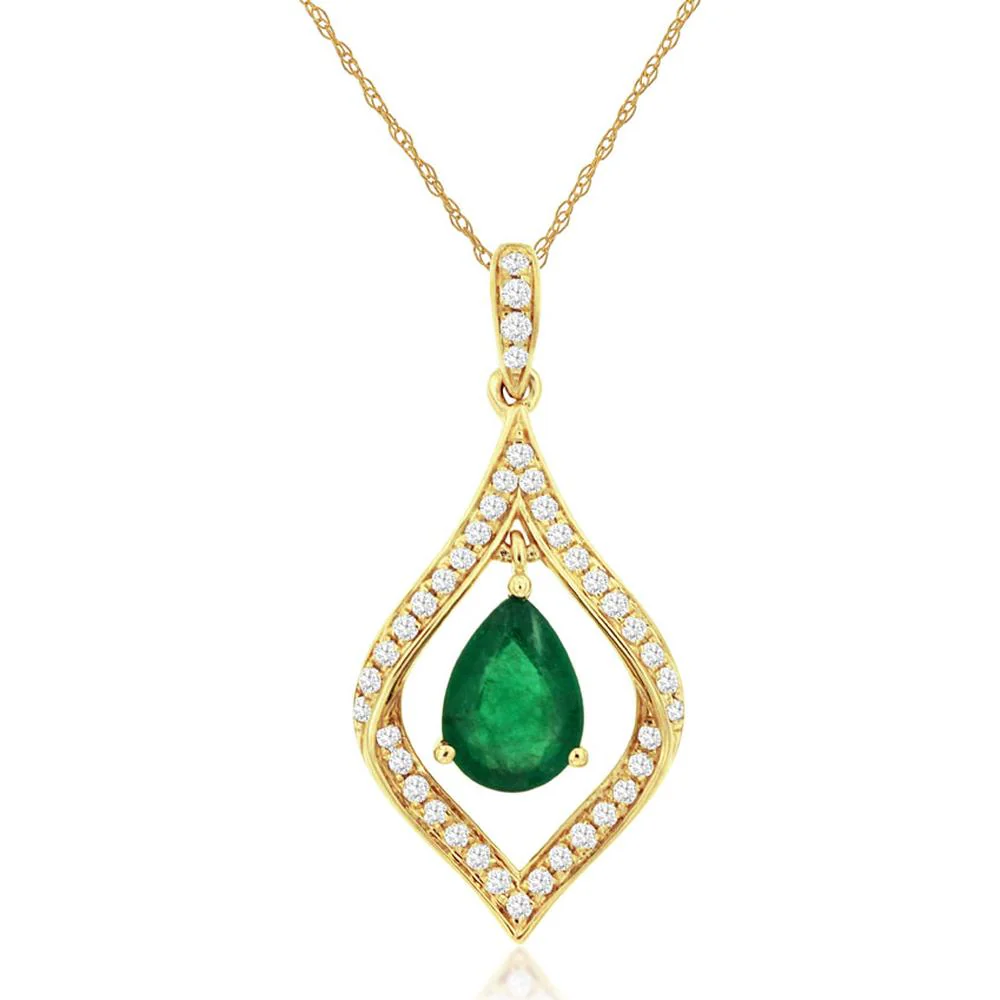 14K Yellow Gold Pear-Shaped Emerald and Diamond Halo Pendant - 0.68 Carat Emerald, 0.17 Carat Diamond - Royal Jewelry